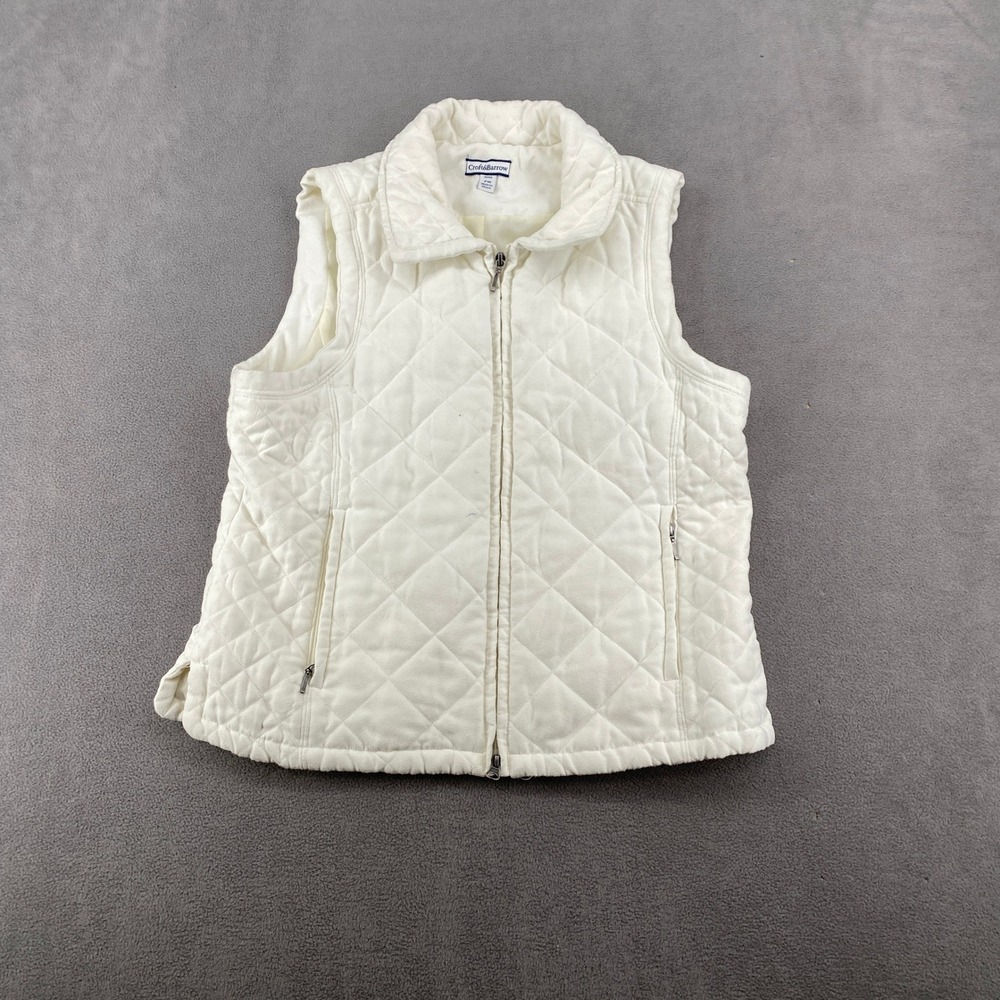 White Diamond Quilted Full Zip Vest with Zipper Pockets Sleeveless Jacket